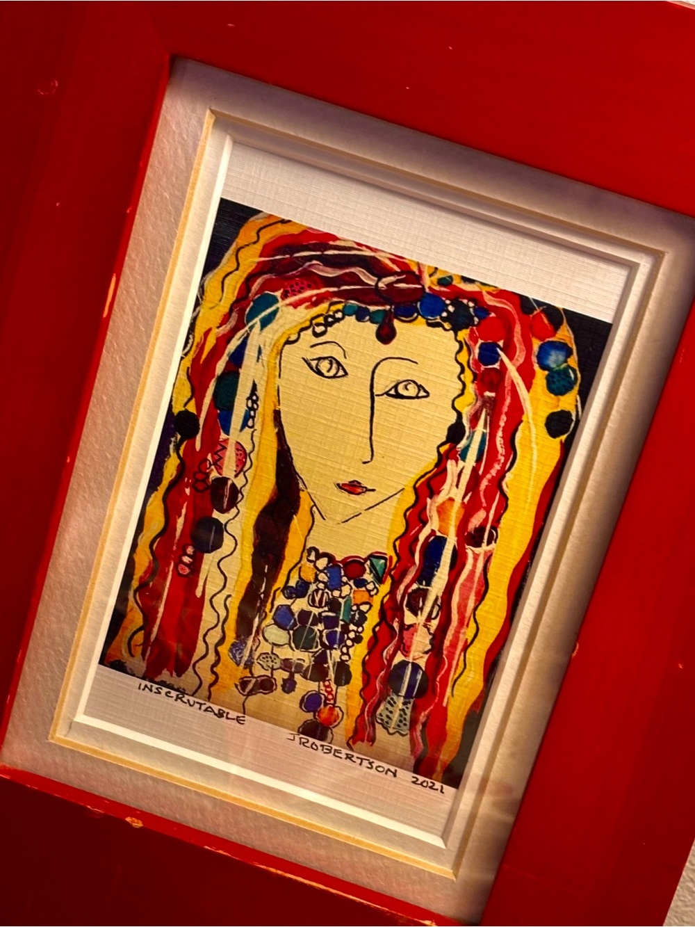 Art PAINTED WOMAN, ink & gouache original w/ red frame & mat